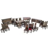 Elgin dolls' house furniture, two sideboards, a table, a set of four chairs, a carver and eleven