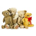 Four post-war British teddy bears, all with swivel heads and jointed limbs, one with light golden