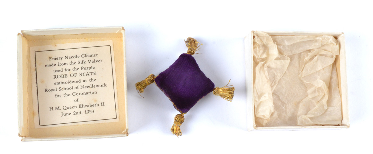 An emery needle cleaner made from the silk velvet used for the purple robes of state from the