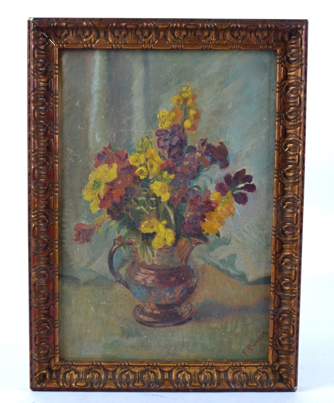 A 20th Century oil on canvas, still life depicting a vase of flowers, signed (lower right) 'F. - Image 2 of 2