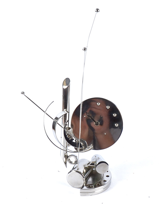 A contemporary abstract metal clock, of sculptural form, with blank dial, height 47cm