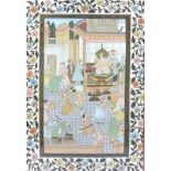 Two oriental paintings, two depicting figures in temples with floral borders, 55cm x 38cm & 48cm x