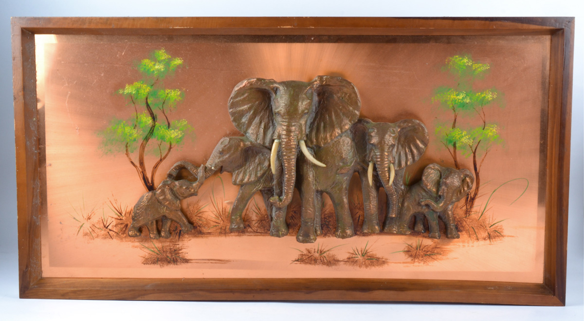 A large copper panel with a study of five elephants, internal dimensions 87cm x 41cm