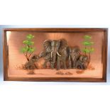 A large copper panel with a study of five elephants, internal dimensions 87cm x 41cm