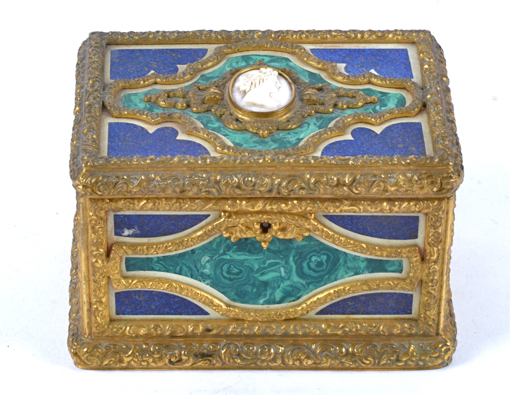 An early 20th Century ormolu mounted lapis lazuli and malachite effect table casket, with central