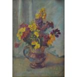 A 20th Century oil on canvas, still life depicting a vase of flowers, signed (lower right) 'F.