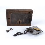 Two Victorian door locks, one iron example with a patent V. R. indicate, functioning key and