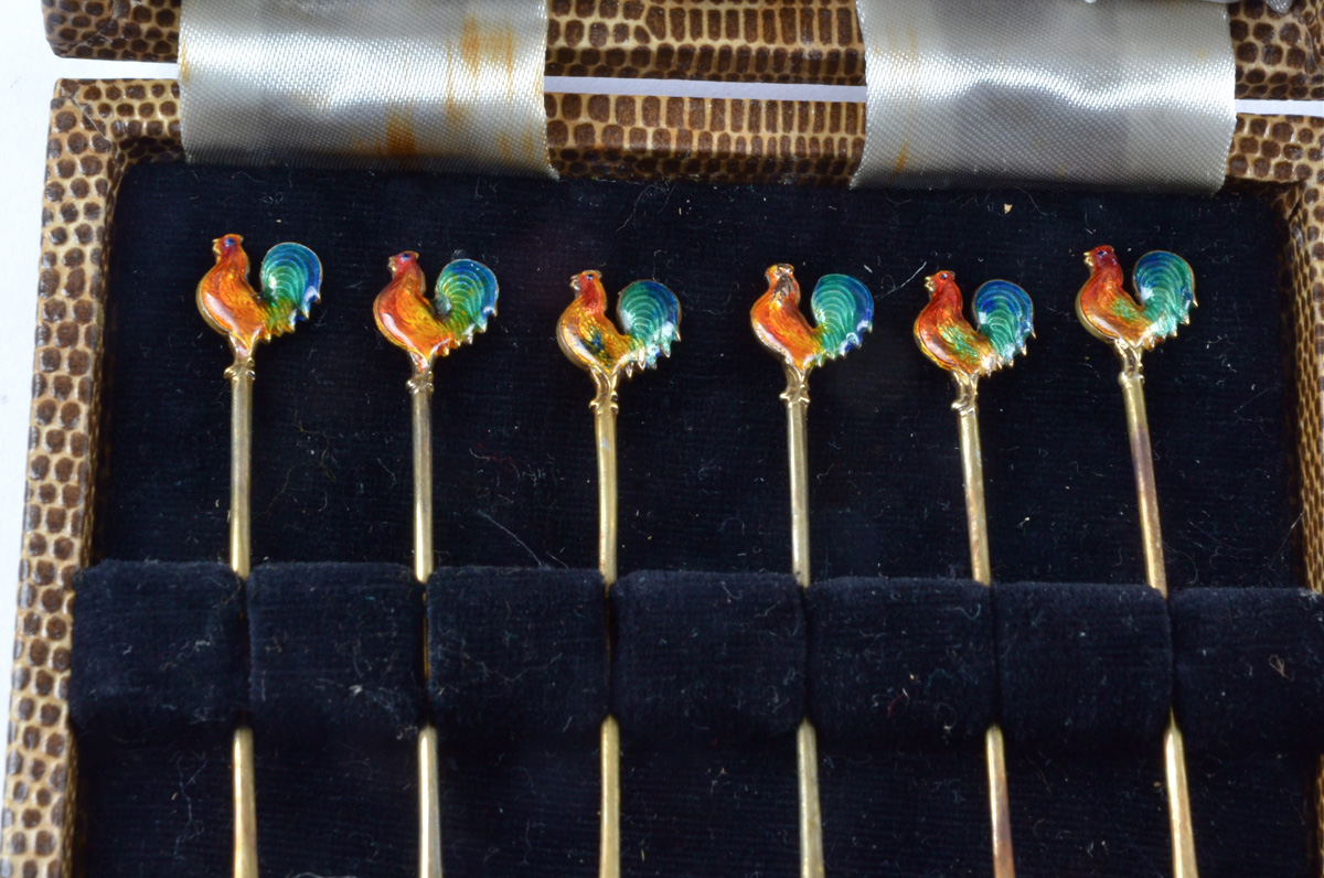 A cased set of six polychrome enamelled silver cockerel cocktail sticks, in faux snakeskin case, - Image 2 of 3