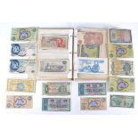 A collection of circulated bank notes, from multiple countries, including ones for the British Armed