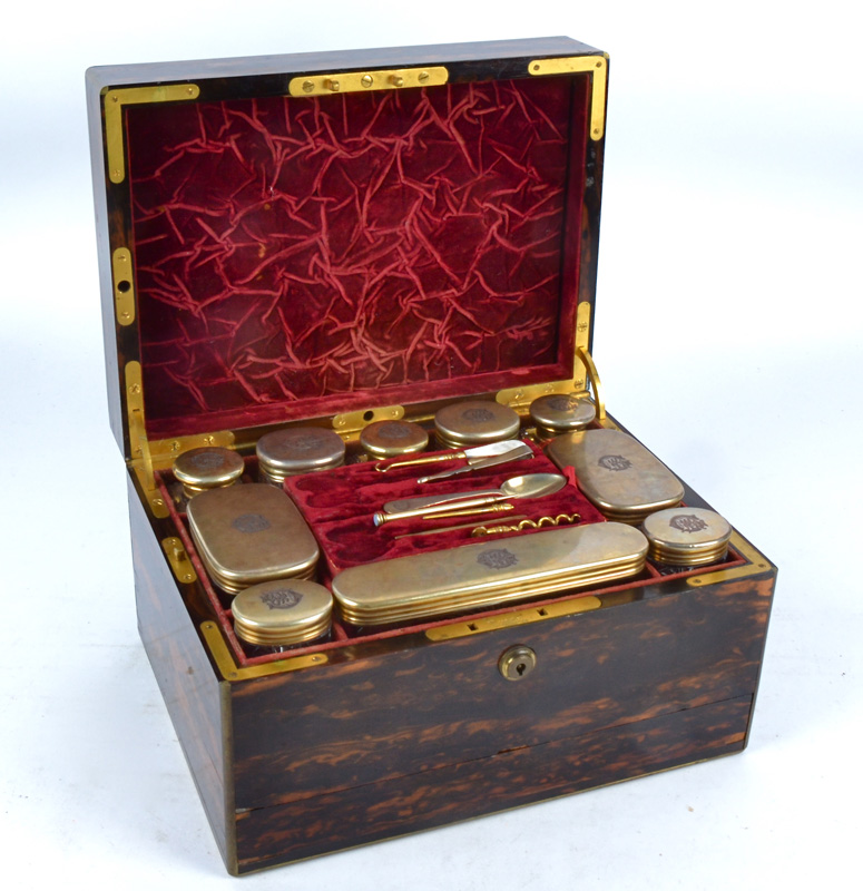 A 19th Century coromandel dressing table box with silver gilt fitted interior, with ten glass jars - Image 2 of 2