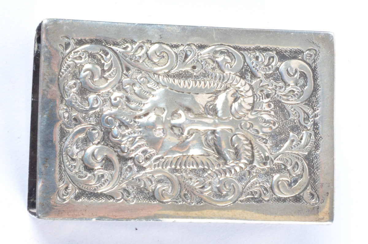 A Charles Boynton hallmarked silver match case holder with repousse decoration of 'The Green Man', - Image 3 of 4