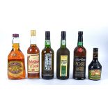 Six bottles of European alcohol, consisting of a bottle of Portuguese Cockburn's white port, a