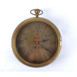 An oversized Brass hanging clock in the form of a pocket watch, with faces to both sides, each