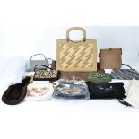 Ten vintage handbags, to include a mock crocodile example, 37cm x 34cm, several beadwork bags with