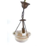 A pair of Art Deco alabaster bowl ceiling lights, with a brass finish hanging chain, diameter