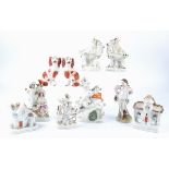 Ten Staffordshire pottery figures predominantly Victorian, to include two cottages, one a pastille