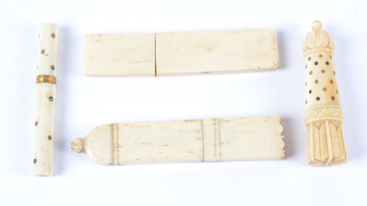 Four Georgian bone needle cases, two of cylindrical, one of tapered form and one rectangular, all - Image 2 of 3