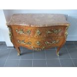 A contemporary Louis XVI style marquetry marble top bombe commode, with foliate and floral