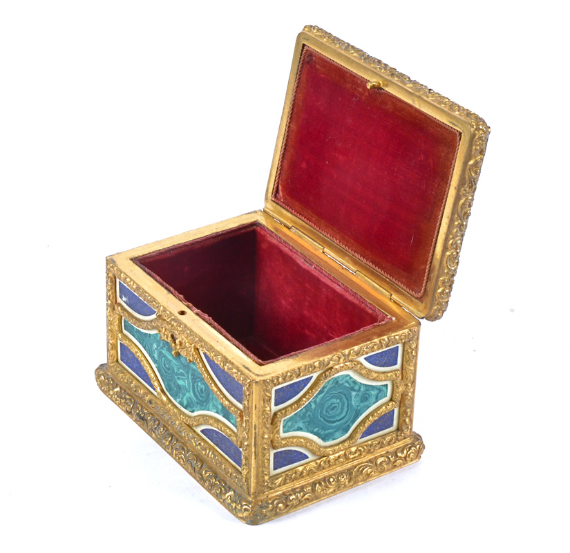 An early 20th Century ormolu mounted lapis lazuli and malachite effect table casket, with central - Image 2 of 3