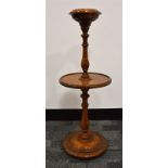 A Brights of Nettlebed oak smokers stand, dished top with glass ashtray, circular middle tier and