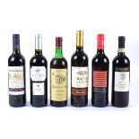 Six bottles of European wine, including a bottle of Italian 2008 Muro di Vino Montepulciano D'