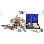 A selection of silver plate, consisting a tureen with lid, a boxed set of fish knives, a