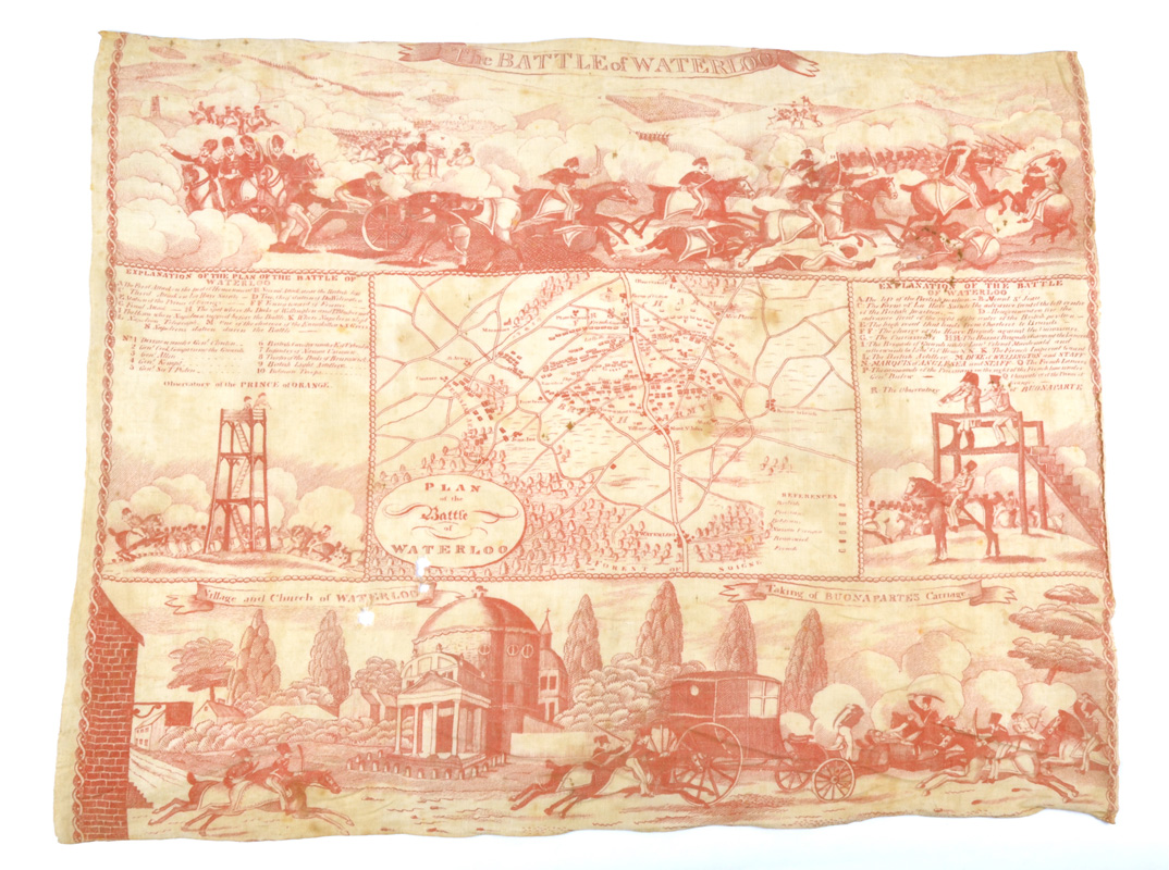 A Georgian handkerchief entitled 'The Battle of Waterloo', c.1815-1820, white cotton printed in