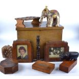 A selection of Treen items, including Art Deco style wooden picture frames, a Jerusalem box, an