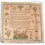 An early Victorian silkwork sampler, in coloured silks in a tiny cross-stitch on a linen ground,