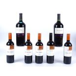 Five bottles of Chilean Isla Negra Reserva Merlot wine, from 2008 (1) and 2012 (4), together with