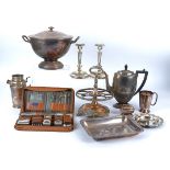 A quantity of silver plated wares, to include candlestick holders, height 19.5cm and a twin