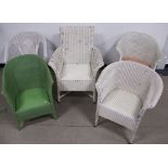 Three Lloyd Loom tub chairs, plus two other similar, various conditions (5)