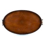 An Edwardian mahogany inlaid oval gallery tray, with twin copper handles, diameter 58cm