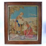 Two early 19th Century needlework pictures, one depicting a young man on his knee, being blessed