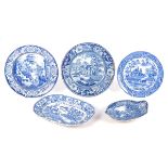 Five pieces of Georgian and later blue and white transfer printed pottery with various designs one