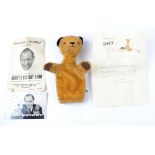 A Sooty hand puppet with an autographed photo card signed by Harry Corbett, and a signed letter