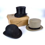 Three vintage hats, a black bowler hat by Mortlock & Son, internal circumference 60cm, a Scott &