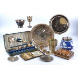 A large quantity of silver plate, including a boxed set of dessert spoons, engraved trays, animal