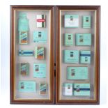 A pair of framed samples of Woodbine cigarette packaging designs, internal dimensions 49cm x 29.5cm,