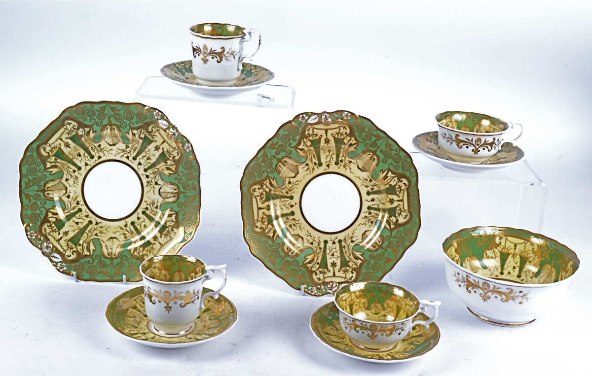 Thirty five pieces of late 19th Century Spode Felspar porcelain, in a pale yellow and sage green