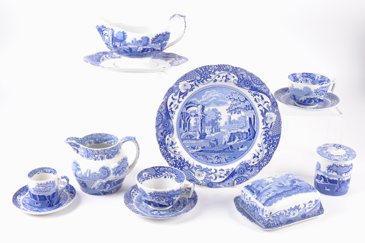 A quantity of Copeland Spode Blue Italian tablewares, to include butter dish, jugs, gravy boat,