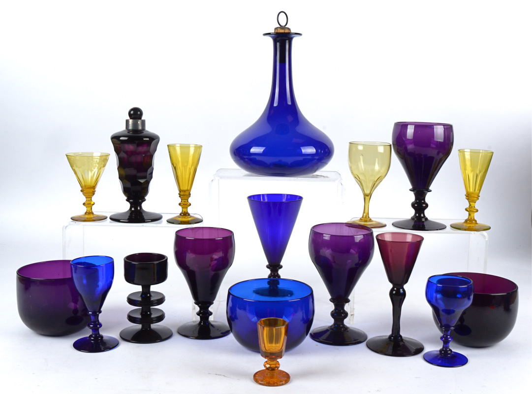 A small collection of 19th and 20th Century coloured glassware in amethyst, amber and Bristol