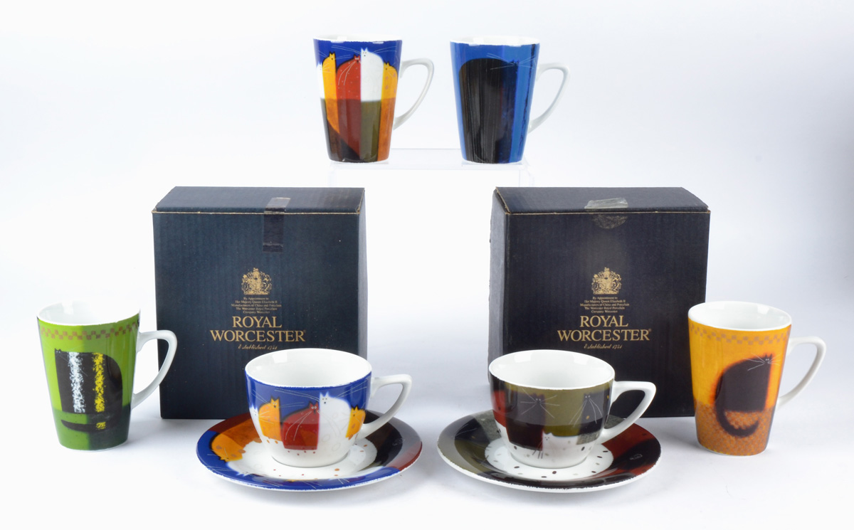 Govinder Nazran (1964-2008) for Royal Worcester, four mugs with feline subjects 'Bad Seed', '