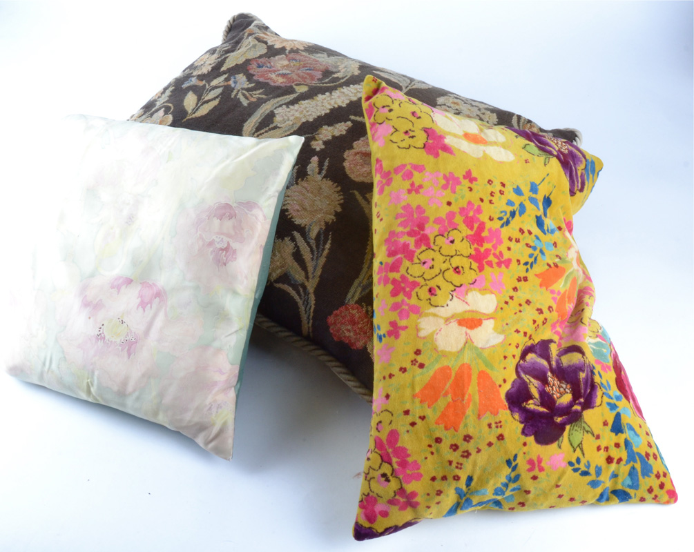 A selection of vintage and contemporary cushions, satin, velvet and woven fabric examples, all - Image 3 of 3