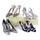 Eight pairs of ladies high heeled shoes by Dune, including a silver pair with green lace (size