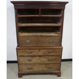 An antique chest on chest, having moulded cornice to the top section, missing four drawers to top
