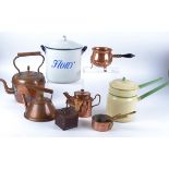 A small group of assorted items of kitchenalia to include a blue and white enamelled container