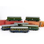 Six French Hornby O Gauge post-war SNCF and Wagons-Lits Coaches, two VoOR CIWL dining cars in blue