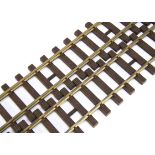 Gauge I Straight Track by Tenmille Products, a dozen 3-foot lengths with brass rail on brown