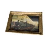 Oil on Card Southern Steam Locomotive and Freight Train, in a gilt gesso frame, depicting Southern